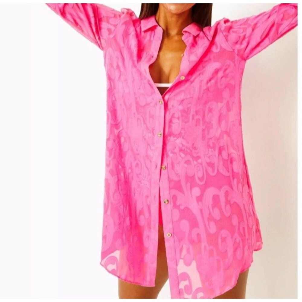 Lilly Pulitzer Shirtdress Cover Up Size XXS Natalie Neon Pink Buttom Up Sheer
